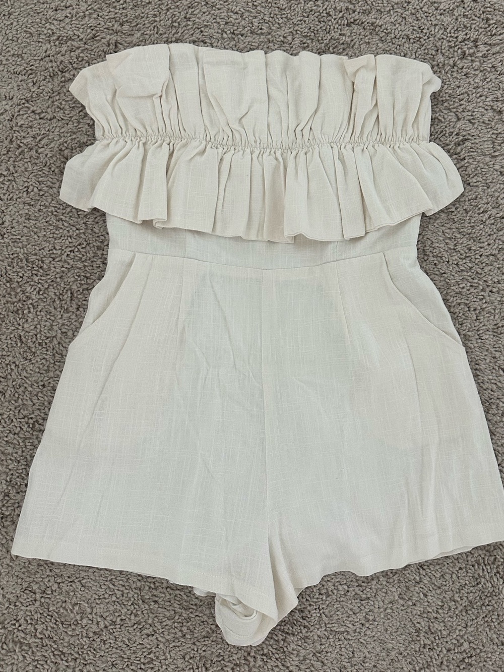 Princess Polly Cream Strapless Romper with Ruffle Detail